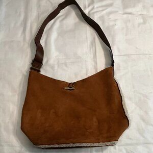 NWOT Brown leather and white fleece shoulder bag/purse
